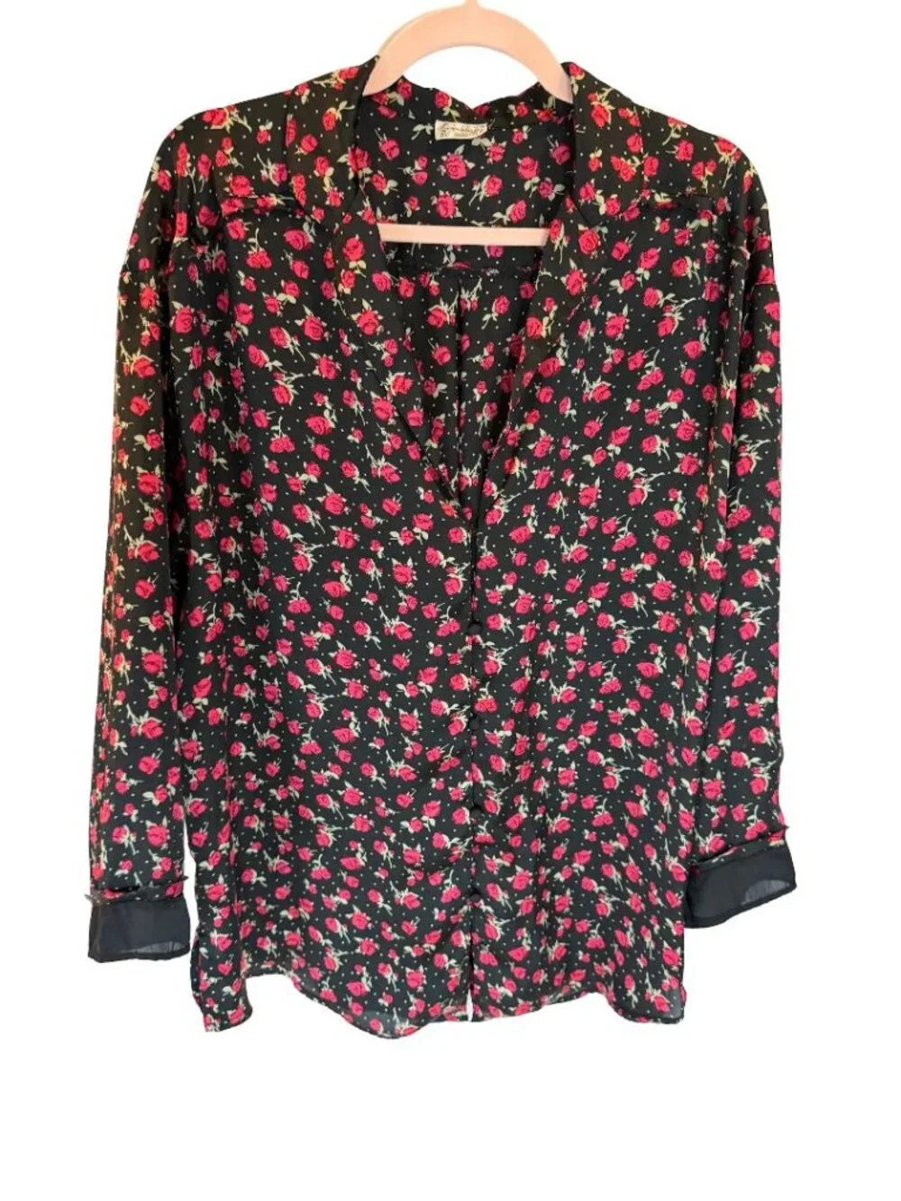 Free People Women’s Silk Floral Button Up Blouse Black Red Boho Top.